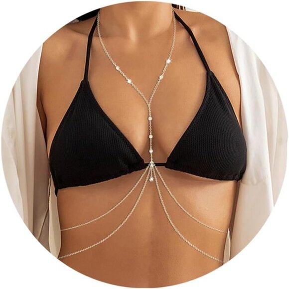 14K Diamond Silver Plated Body Chain Women Layered Rhinestone Bikini Bra Jewelry - Picture 1 of 7
